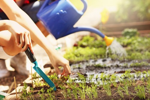Landscaping team working safely in an outdoor garden setting
