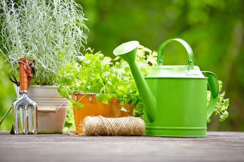 A garden outdoor scene featuring a weathered wooden table with potted plants, including a grey metal pot with green foliage, an orange terracotta pot with lush leafy greens, and a larger white ceramic pot containing a herb or small shrub. To the right, a bright green plastic watering can with a curved handle and a long spout is positioned next to a coiled jute garden twine, suggesting gardening activity. The background displays a blurred garden setting with vibrant green foliage, emphasizing a healthy, well-maintained outdoor space. The arrangement highlights typical garden tools and plants found in a medium-sized UK backyard or front garden, with natural daylight illuminating the scene, reflecting a peaceful, well-kept environment suitable for gardening services offered by companies like Landscapers Blackheath. This natural setup underscores the importance of regular garden maintenance and planting care tailored for local garden landscapes in Blackheath or nearby areas.