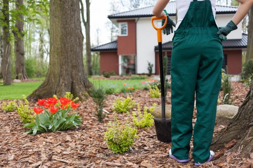 In a landscaped outdoor garden area, a gardener wearing dark green overalls and gardening gloves stands next to a young tree, holding a small garden spade with an orange handle in their right hand. The garden features a well-maintained lawn with lush, green grass, and a flower bed with vibrant red tulips and other blooming plants surrounded by mulch. Behind the gardener, there are mature trees with textured trunks and a modern red-brick house with large windows and a black roof, indicating a residential property in Blackheath. The scene is captured during daylight with natural lighting, highlighting the detailed textures of the soil, mulch, and foliage. The garden appears to be in the process of planting or maintenance, reflecting professional landscaping services offered by Landscapers Blackheath. The overall environment combines natural elements like trees and flowering plants with decorative paving and a neatly kept lawn, creating an inviting and tidy outdoor space suitable for family living or outdoor leisure activities in the Blackheath area.